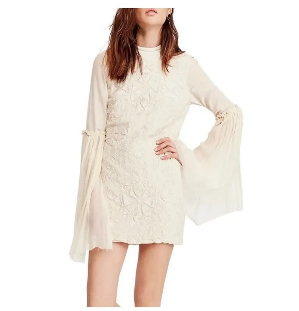Free People Cleo Cream Embroidered Flare Sleeve Mock Neck Mini Dress 6